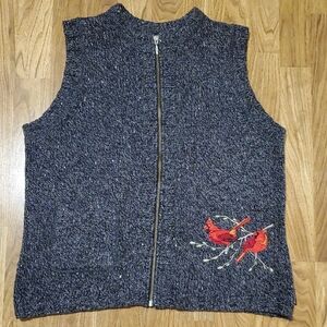 Woolrich Black Heather Gray Knit Vest Red Cardinal Embroidery Womens L Petite